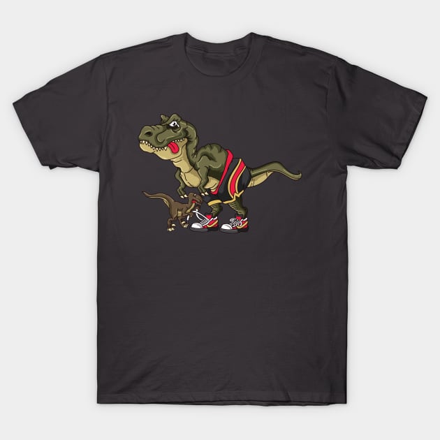 Funny Trex Trying to Tie Laces Velociraptor